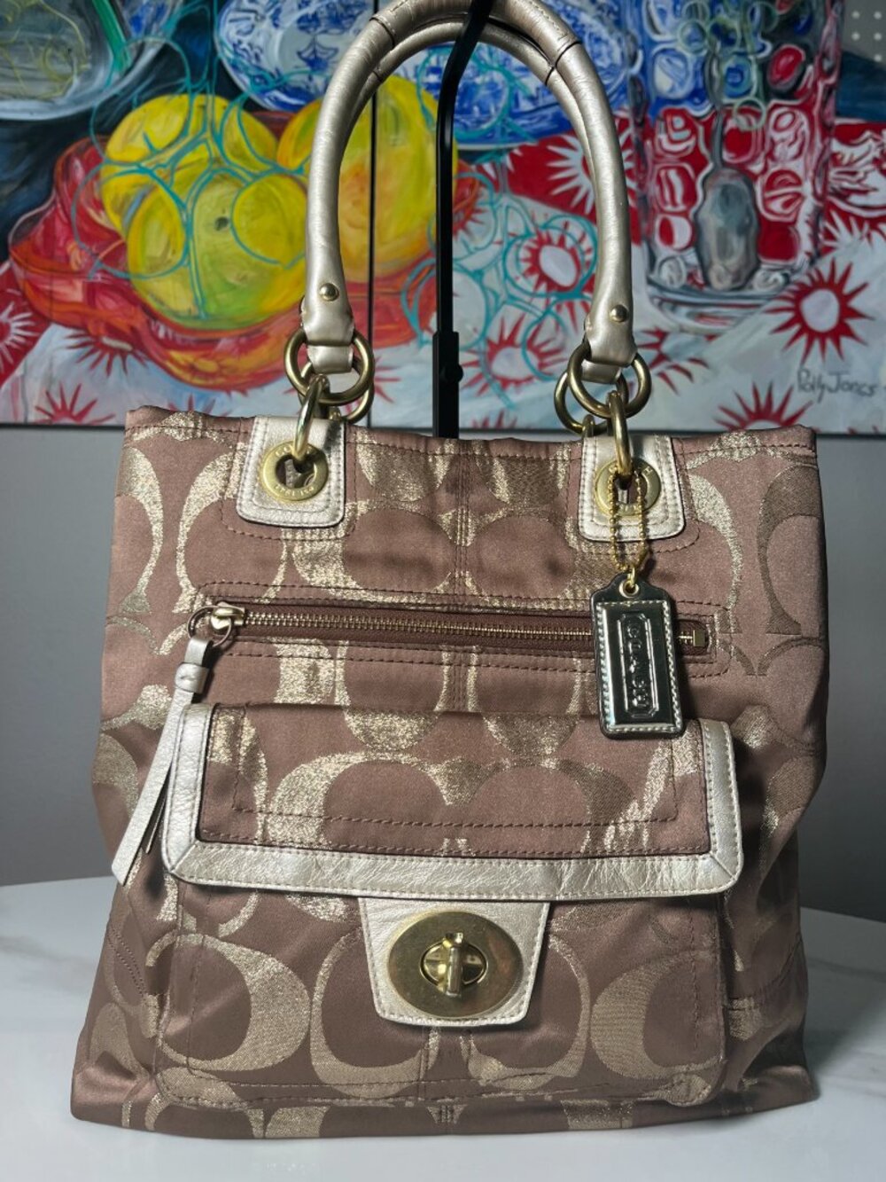 Coach Hampton Weekend Metallic Signature Jacquard Tote Turnlock Satchel 15391